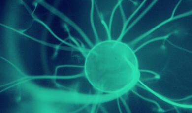 Close-up image of glowing electric plasma filaments radiating from a central sphere, resembling neuron-like structures in blue-green light on a dark background.