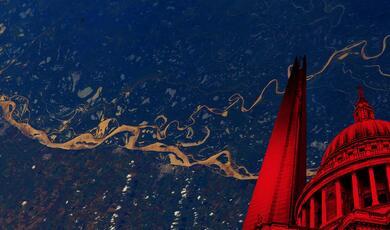 an artistic effect on an orange river on blue terrain with st pauls catherdal