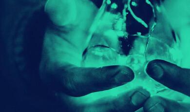 Two hands holding a lit lightbulb