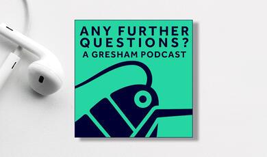 Pair of headphones with podcast logo