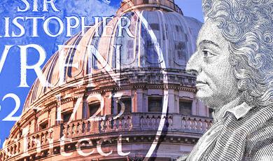 Christopher Wren portrait imposed on backdrop of St Pauls