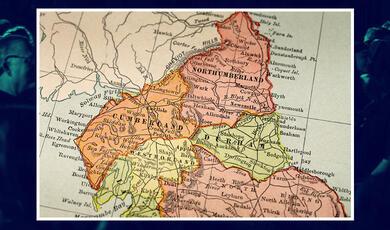 Map of the North of England on a backdrop of an audience enjoying a lecture