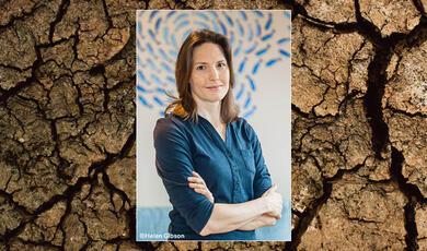 Helen Czerski on a backgroun of cracked, parched earth