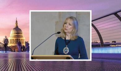 The Lady Mayor on a backdrop of the Millennium Bridge leading to St Paul's