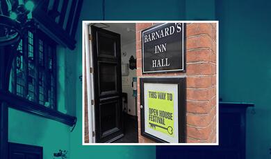 Open House Festival yellow sign on the door of Barnard's Inn Hall
