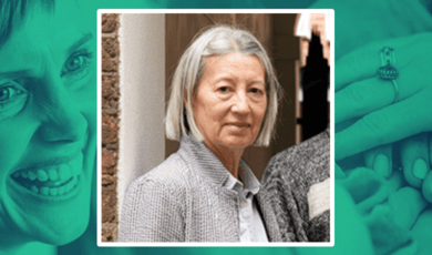 Central image of woman with short grey hair, with background image of smiling woman on the left-hand side and several hands on top of one another on the right-hand side
