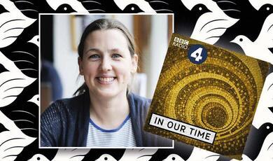 Professor Emerita Sarah Hart and In Our Time logo on Escher style patterned background