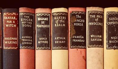 Row of old copies of classic novels with different coloured spines