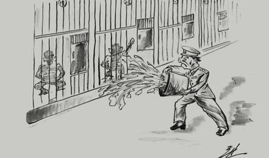 Black and white cartoon of guard throwing water over caged prisoners