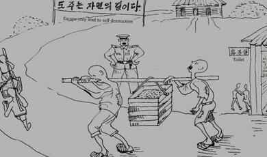 Black and white cartoon of prisoners carrying heavy load with guard in background