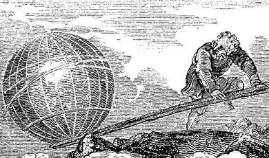 Cartoon of Archimedes moving the world with a lever