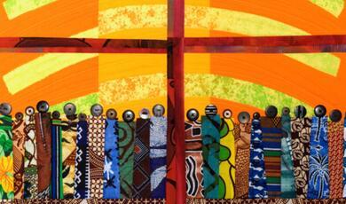 a modern art painting showing a christian cross with people standing below it
