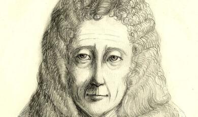 A pencil drawing of Robert Hooke