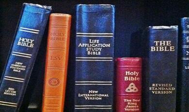 Photo of the spines of several different editions of the Bible