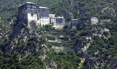 Monastery on the wooded Mount Athos in Greece.