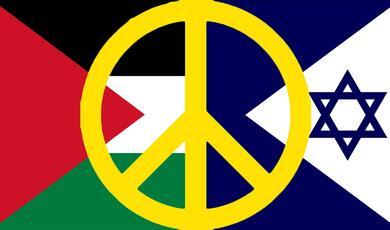 Israel and Palestinian flags with peace symbol superimposed