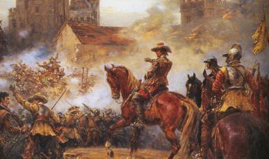 Painting of Oliver Cromwell and troops at battle
