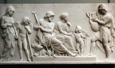 Marble depiction of Orpheus pleading with Pluto and Proserpina to restore Eurydice to him
