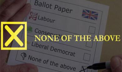 Ballot paper in background, with X and text saying 'none of the above'