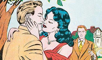 cartoon drawing of a woman kissing a man with another man watching in the background