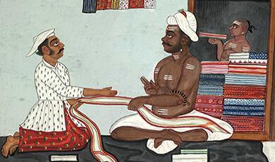 an illustration of three Indian men working on clothes