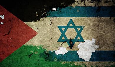 an illustration of Israel and Palestine flags merging