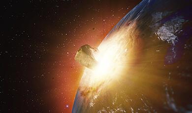 a computer generated image of an asteroid colliding with planet Earth