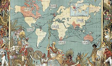 an old map of the world showing the British Empire in red