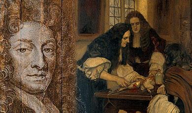 an image of Sir Christopher Wren with a surgery scene during the 17th century