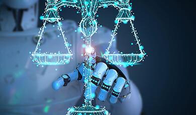 Robot pointing at neon outline of a set of scales