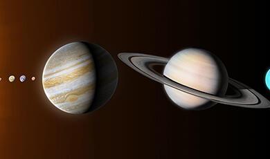 The sun and six of the planets of the solar system in a line