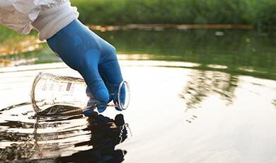 Han in blue latex glove taking water sample from pond