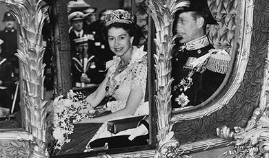 Queen Elizabeth and Prince Philip in the coronation carriage