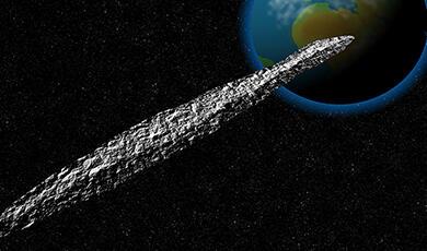 Long, flat asteroid-like object against backdrop of space and planet earth