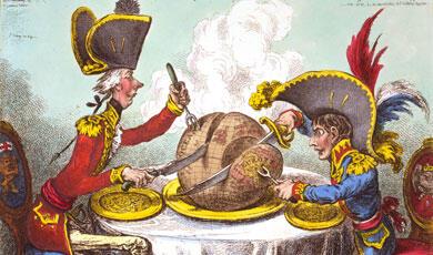 A James Gillray cartoon of 1805 depicts Napoleon and William Pitt the Younger dividing up the world
