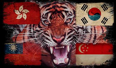 a tigers head amongst 4 flags of asian countries
