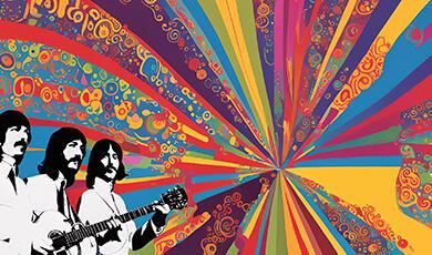Psychedelic pattern with two bearded guitar players in corner
