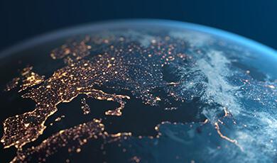 Europe from above at night showing lights in major population areas