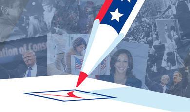 Red and blue pencil making an X on a ballot paper with background of images from 1968 and 2024 election