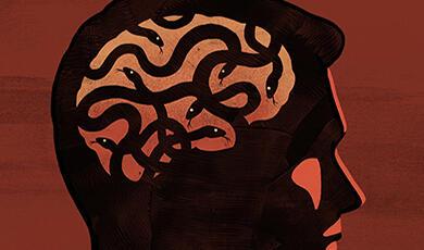 Drawing of man with snakes writhing inside his head