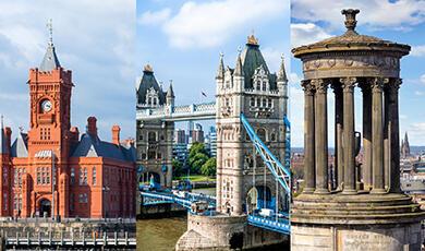 Tryptych of Welsh Assembly building, Tower Bridge and Dugald Stewart Monument in Edinburgh