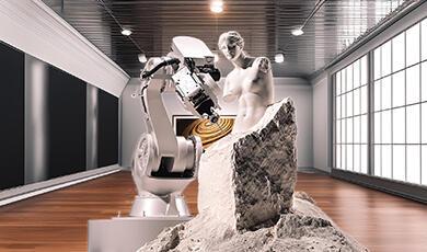 Robot arm chisels Venus De Milo out of marble block