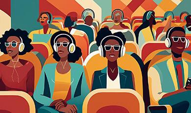 Cartoon image of people sitting in cinema with headphones on