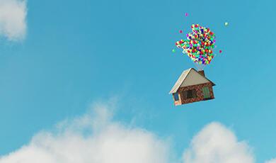 a cgi image of a house being held up by ballons in the air