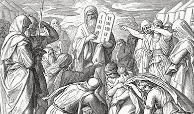 Engraving of Moses holding the ten commandements before his brethren