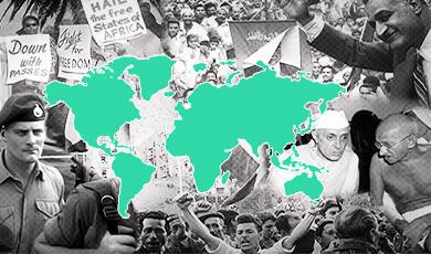 world map surrounded by photos from former colonies including protests for independence