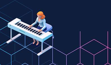 a cartoon graphic of a woman playing a keyboard