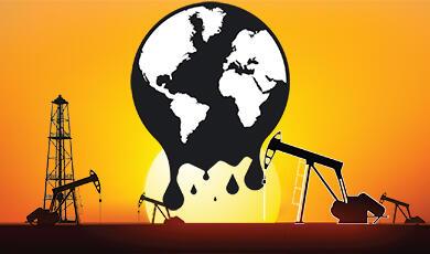 Meting globe icon behin silhouette of oil field
