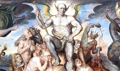 Fresco depicting Dante's Inferno, Demonic figure with wings stands over tormented souls in a hellish scene