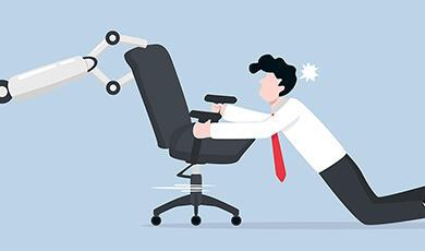 Man holding onto office chair being pulled by metal robot hand